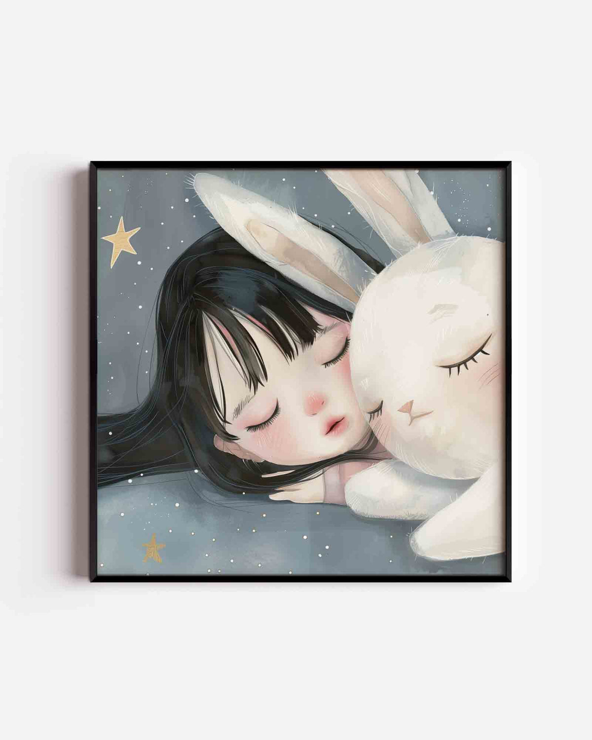 Slapend meisje en konijn – vierkante kinderposter als wanddecoratie