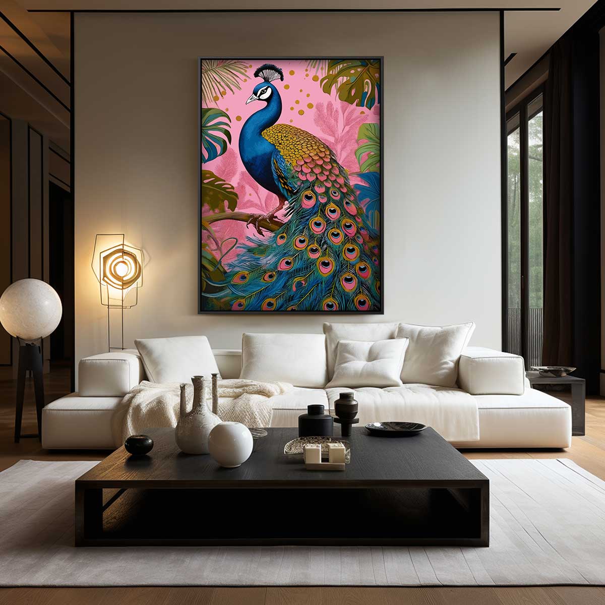 Kleurrijke Pauw in Tropisch Paradijs – kunstwerk met zwarte baklijst