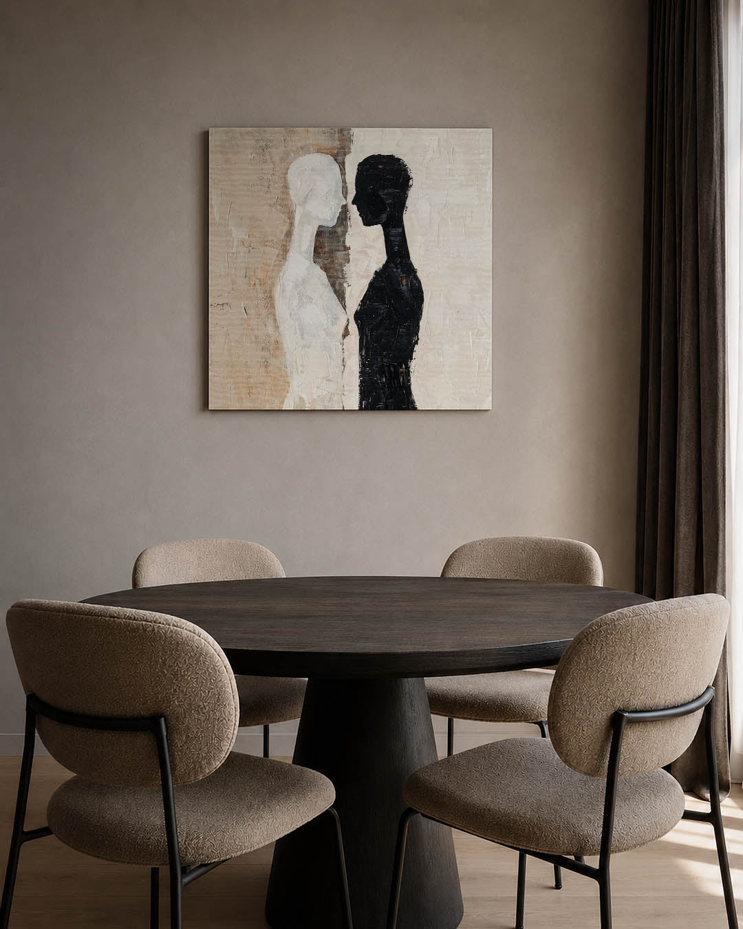 Tegenovergestelde figuren kunstwerk – tweede productweergave – dit kunstwerk toont twee silhouetten in zwart en wit