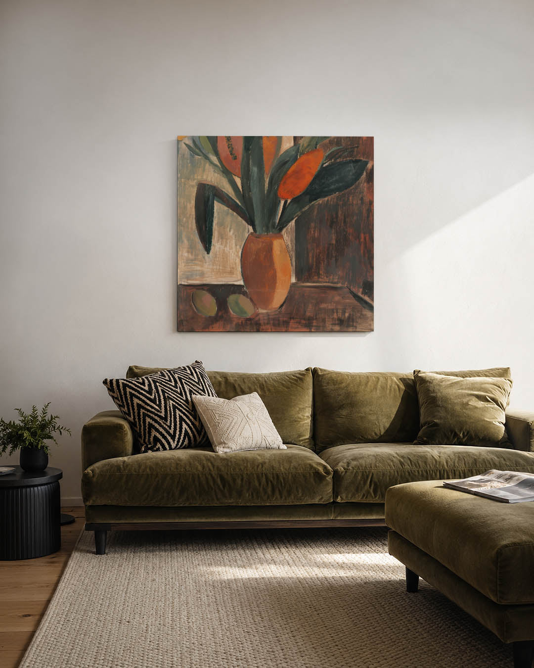 Kleurrijk bloemstilleven kunstwerk – derde productweergave – dit kunstwerk toont een vaas met bloemen in warme tinten. De
