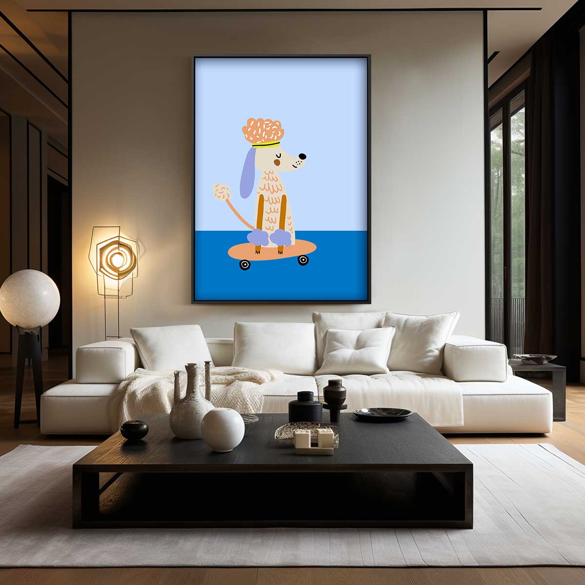 Chille Poedel op Skateboard – canvas wanddecoratie in portret formaat