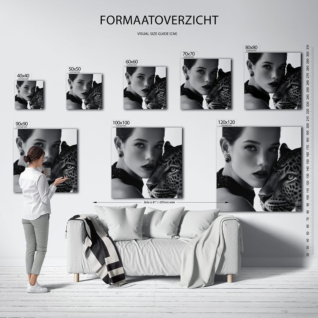 Dierlijke verbondenheid kunstwerk – sfeerbeeld – dit kunstwerk toont een intieme compositie van een vrouw en een luipaard in