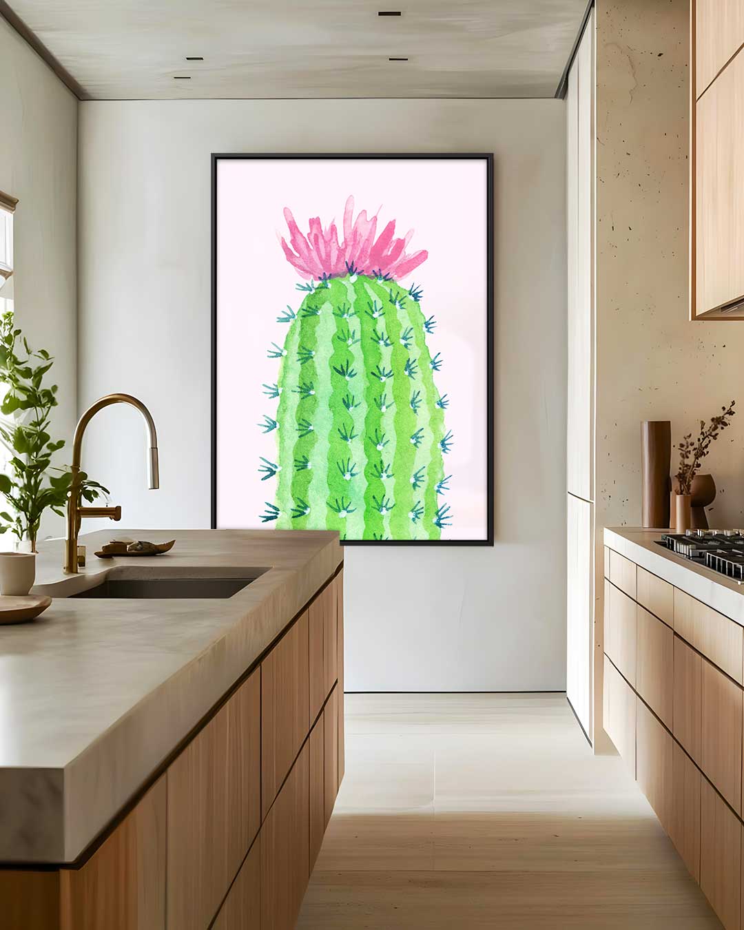 Bloeiende Cactus Schilderij – kunstwerk met zwarte baklijst