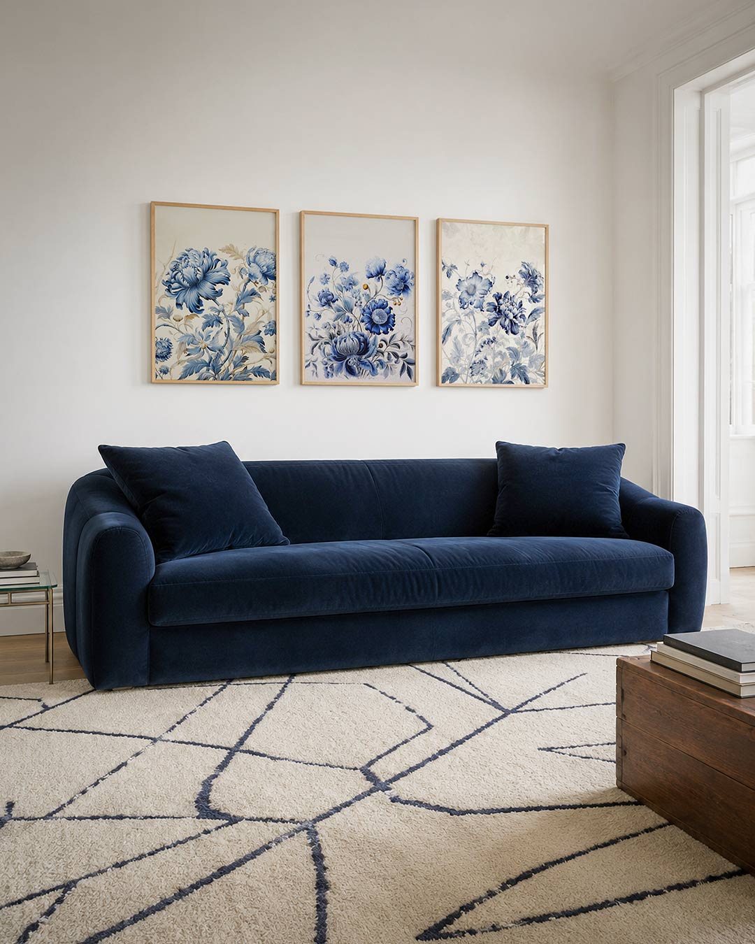 Bloemenpracht in blauw driedelige posterset – deze posterset in drie delen toont sierlijke blauwe bloemen