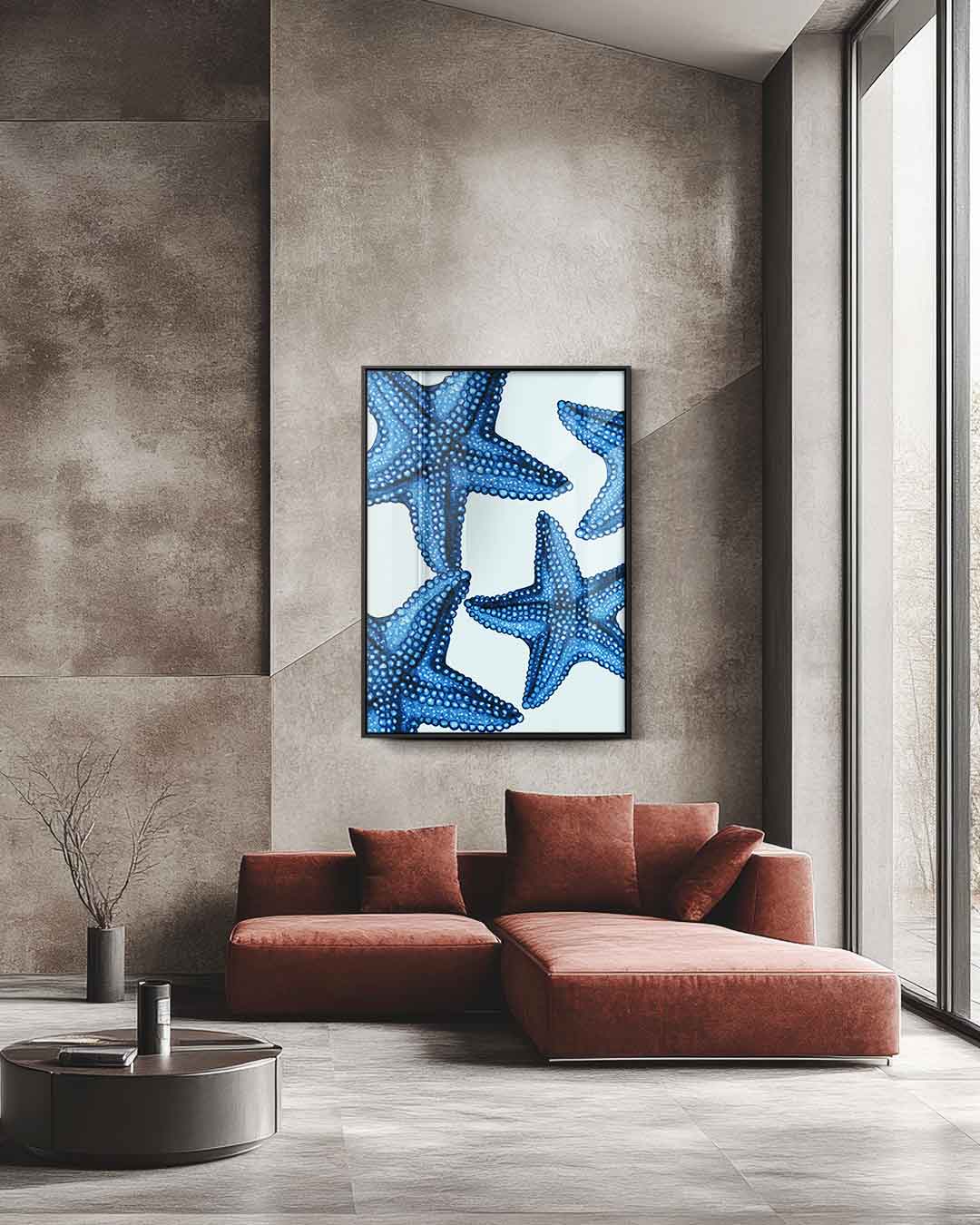 Blauwe zeesterren – staande wandkunst voor woonkamer of interieur