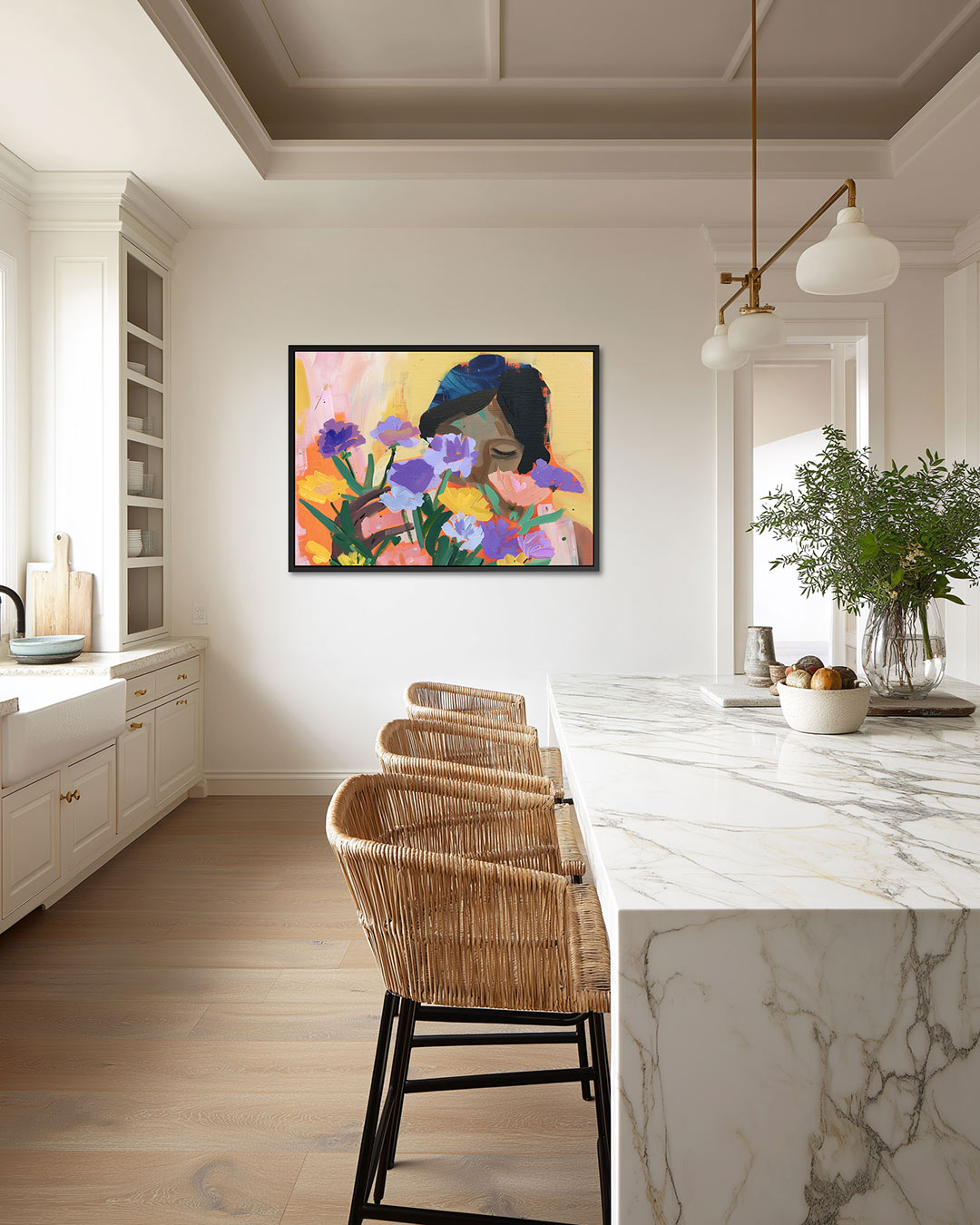 Bloemen en gezicht – liggende wanddecoratie