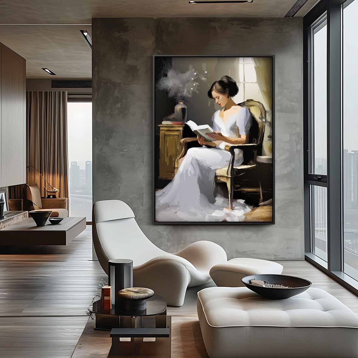 Vrouw Leest Boek aan het Raam – staand kunstwerk voor modern interieur