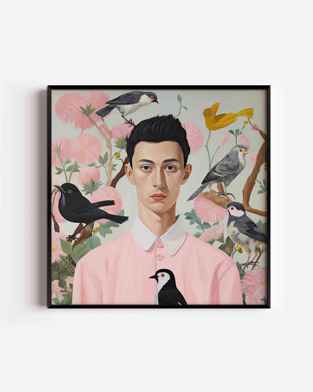 Man met vogels – kleurrijke illustratie poster als wanddecoratie