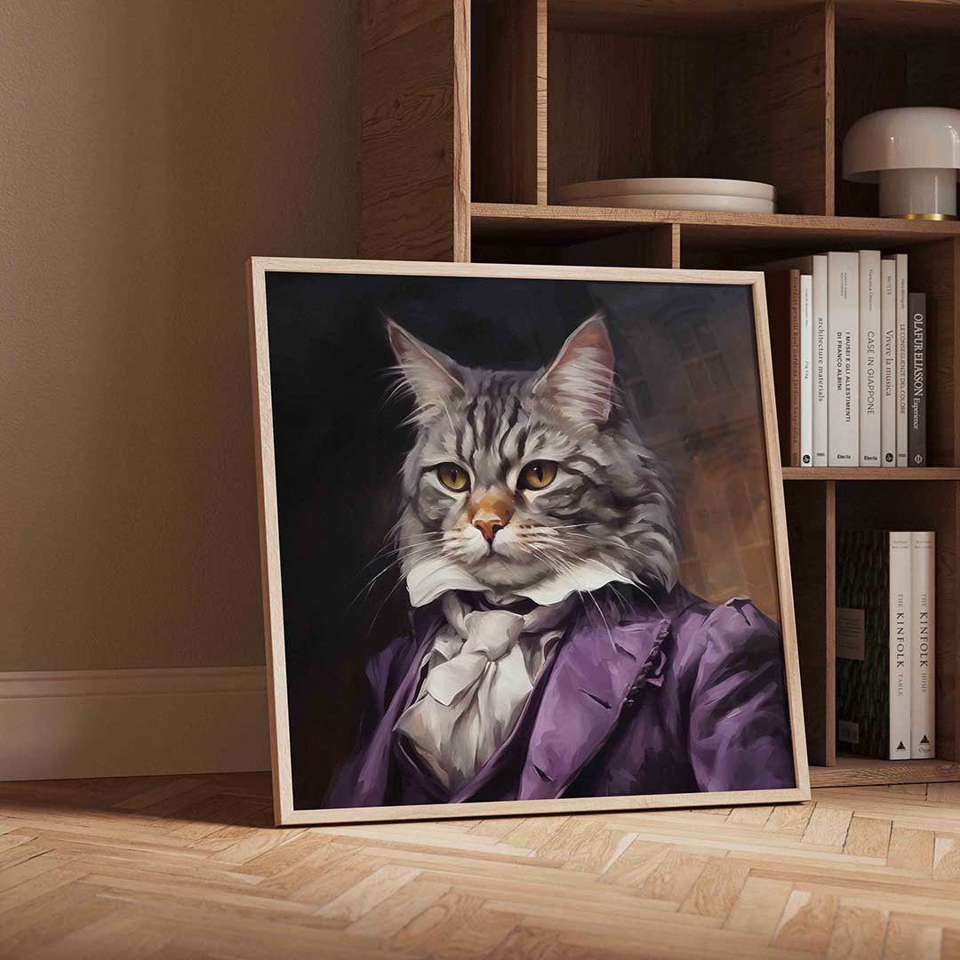 Kat in paarse outfit – vierkante moderne wanddecoratie van WallArtistic