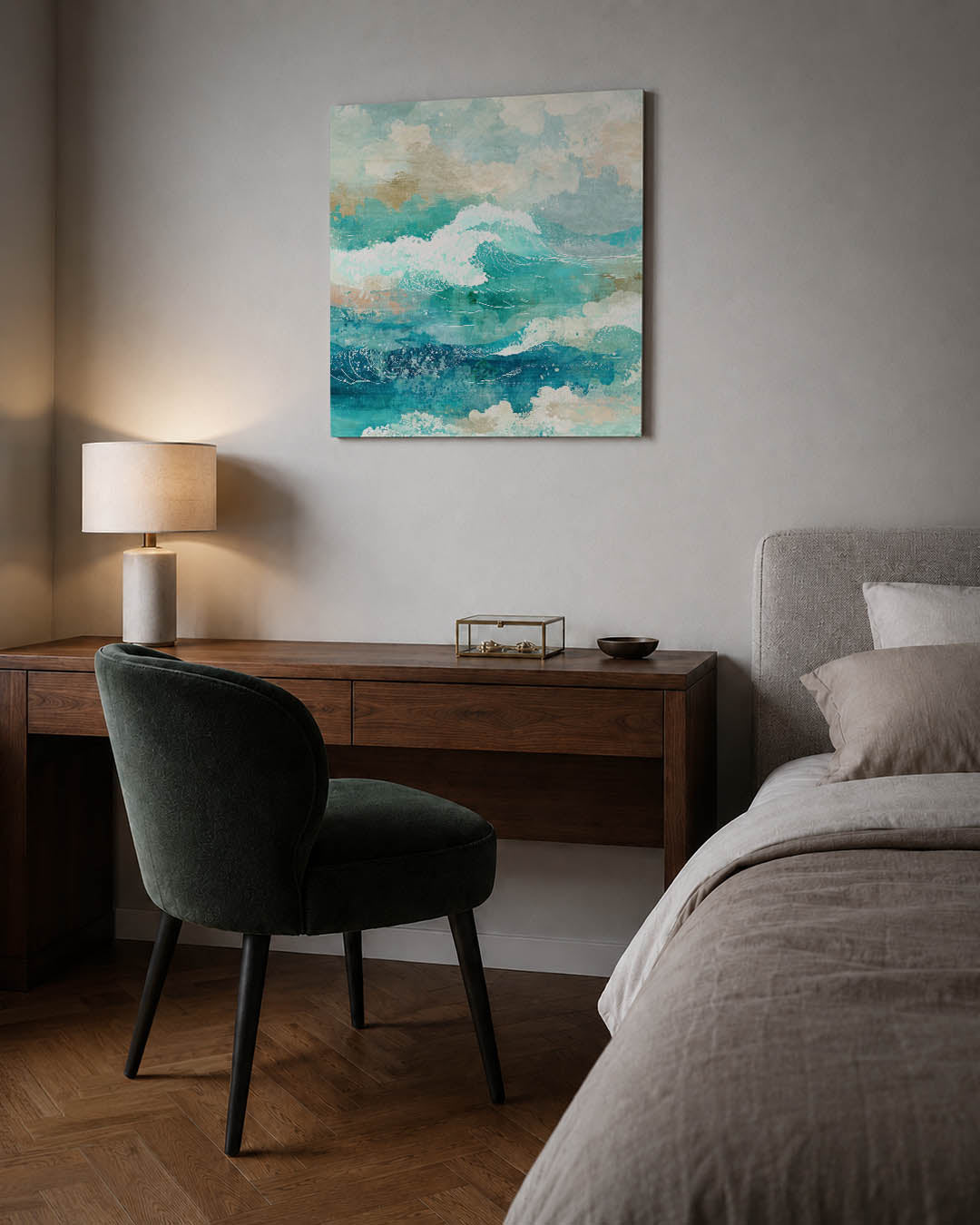 Dynamische zee kunstwerk – sfeerbeeld – dit werk toont een levendige zee met golven in verschillende tinten blauw en wit
