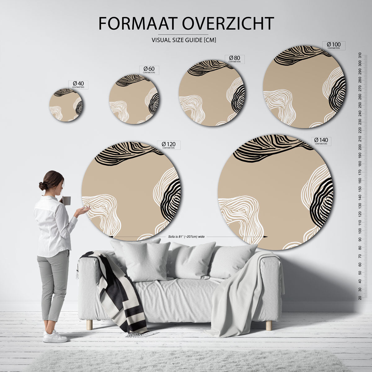 Lijnenspel op beige – abstracte wandkunst als muurcirkel van WallArtistic