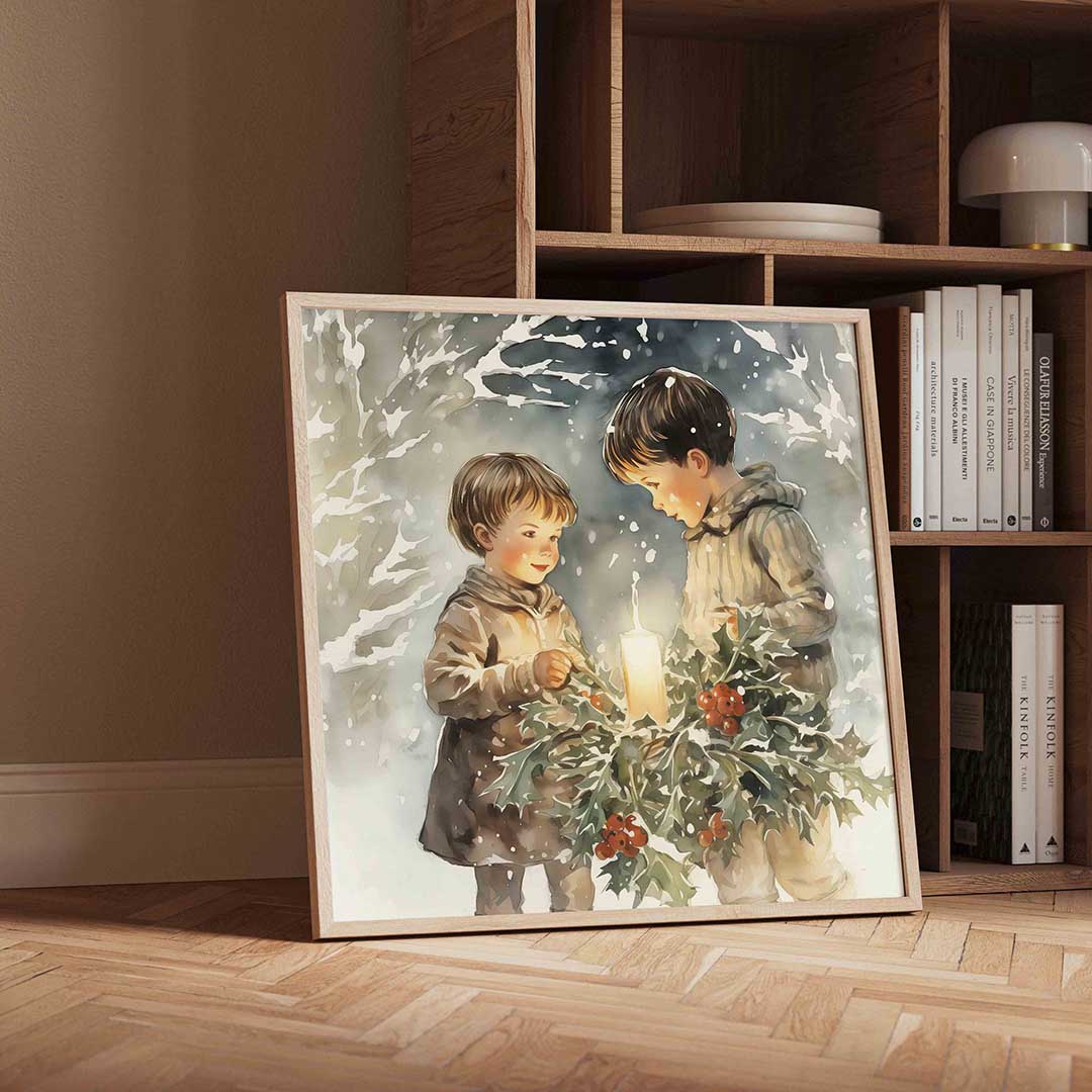 Kinderen met kaars – vierkante kerst wanddecoratie van WallArtistic