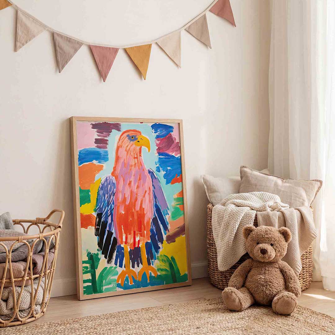 Vogel met kleurrijke veren – speelse wandkunst als portret kinderposter