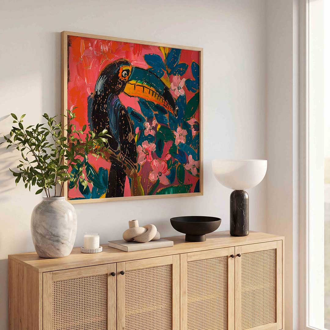 Toekan met bloemen – illustratie poster in vierkant formaat