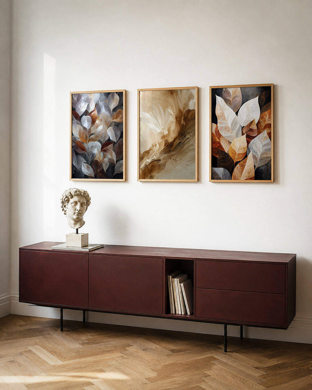 Bladpatroon harmonie posterset – detailweergave – deze posterset in drie delen toont een sierlijk spel van