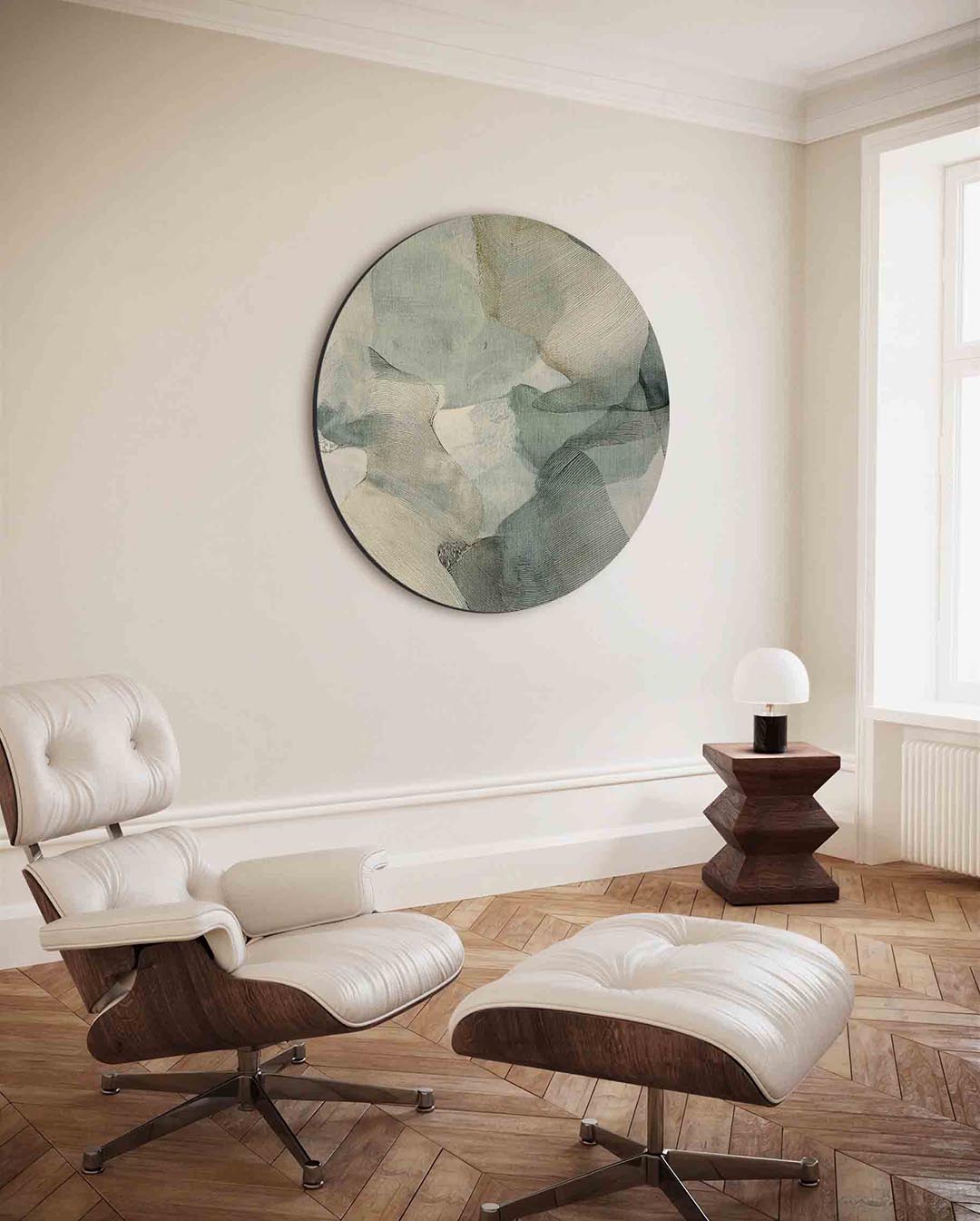 Abstracte vormen – moderne ronde wanddecoratie met vrouwelijk portret