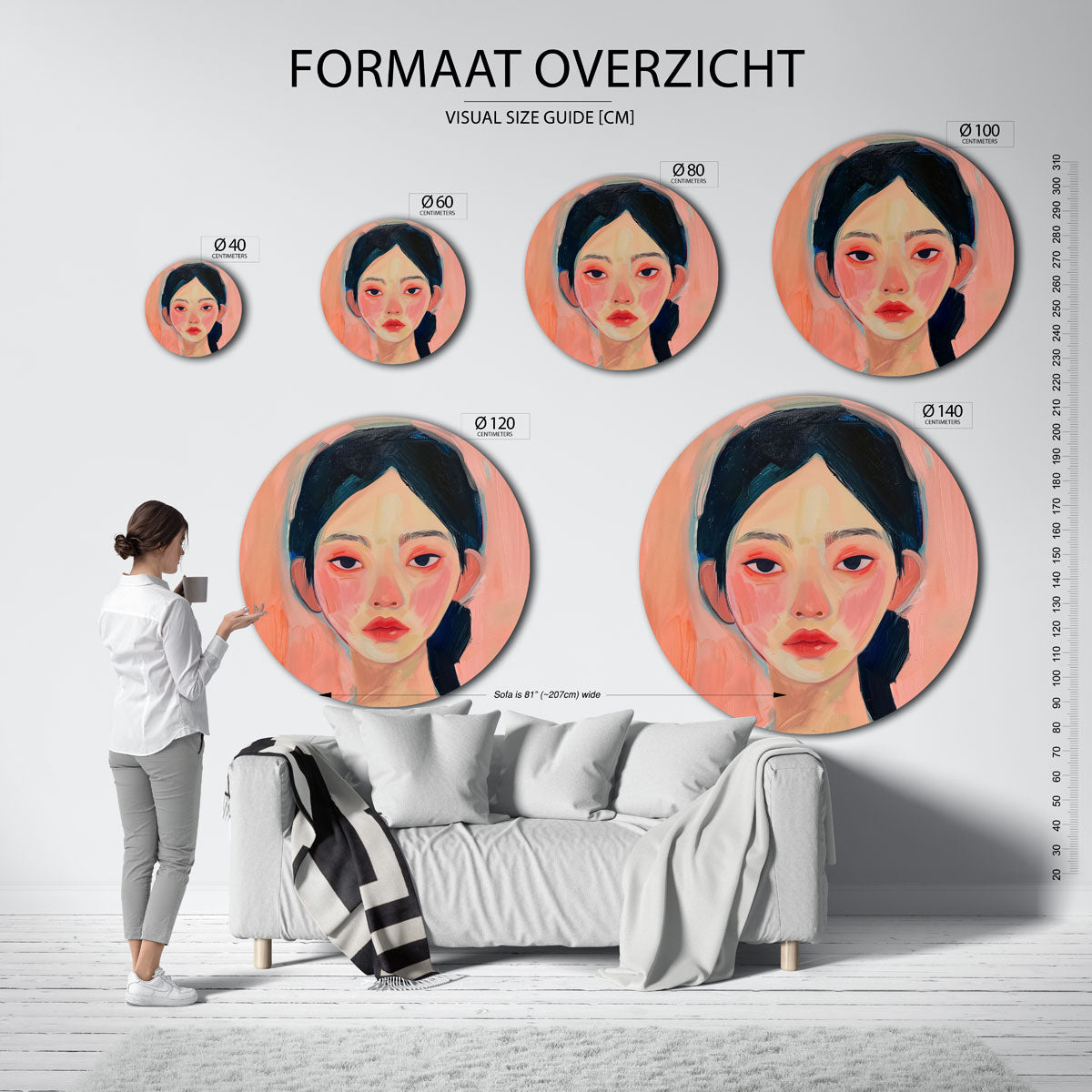Portret met roze tinten – ronde muurdecoratie met kleur en vorm