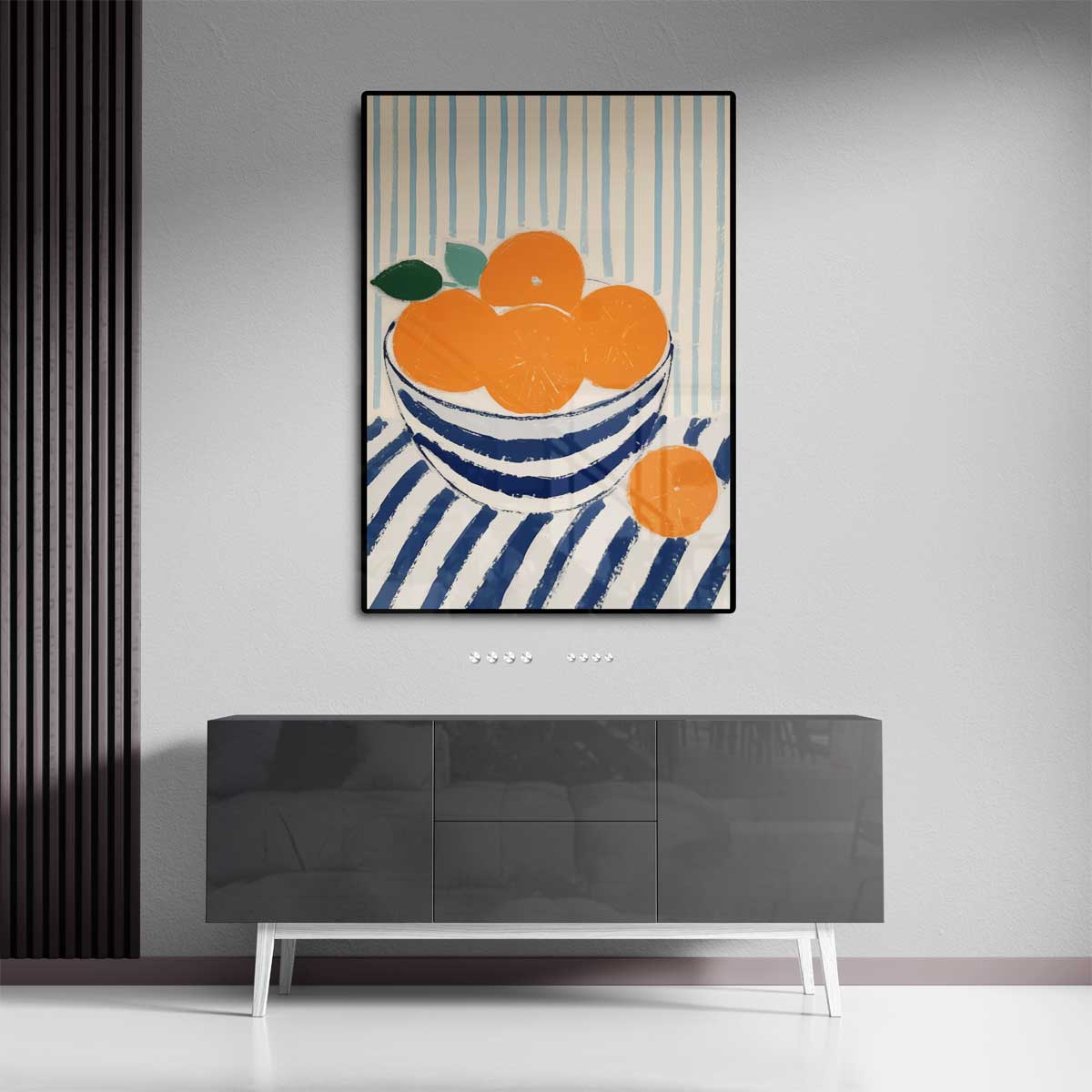Zonnige Sinaasappels in Streepjesland – staande wandkunst voor woonkamer of interieur