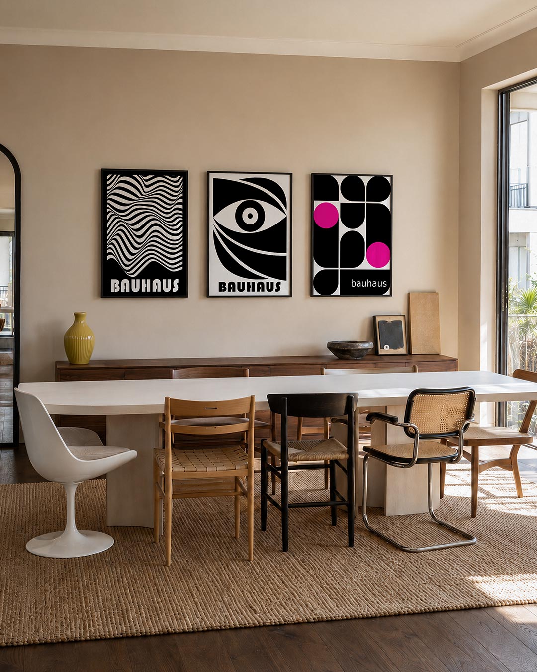 Golvend lijnenspel posterset – tweede productweergave – zwart-witte golvende lijnen creëren een hypnotiserend patroon. De