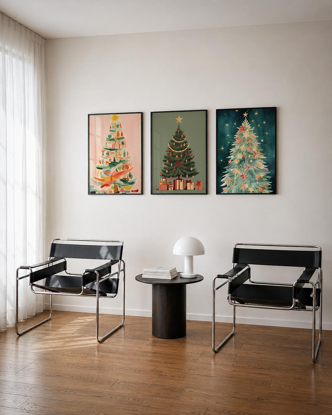 Kleurrijke kerstboom driedelige posterset – deze posterset toont een speelse kerstboom met levendige
