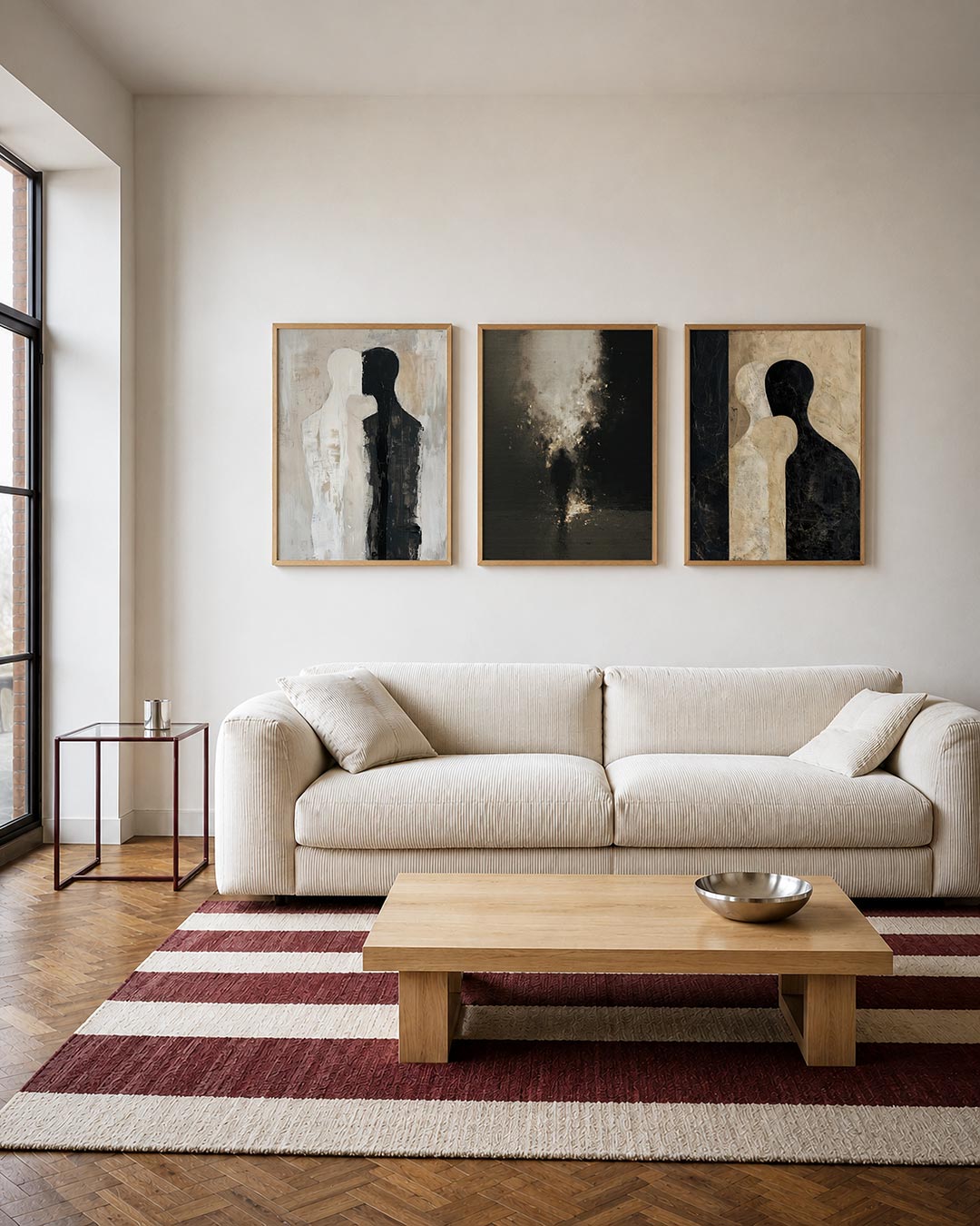 Vorm en contrast driedelige posterset – twee figuren in zwart en wit staan tegenover elkaar op een