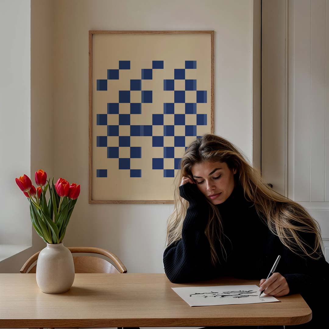 Stijlvolle Blauw-Ruit Kunstposter – staande muurposter voor een modern interieur