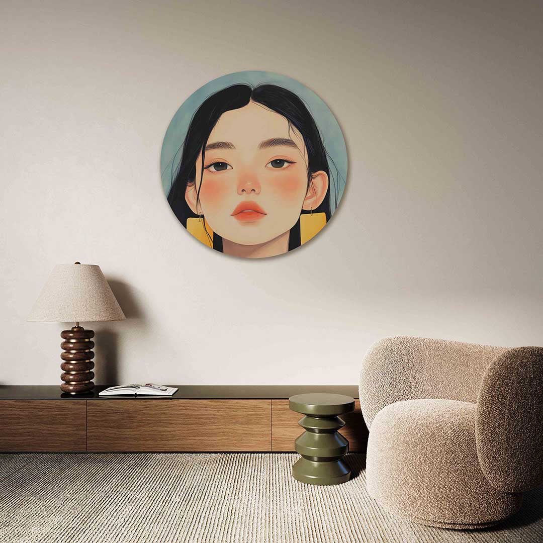 Portret met gele oorbellen – abstracte muurcirkel als ronde wanddecoratie