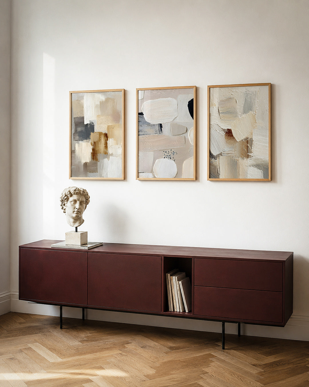 Zachte kleurvlakken posterset – tweede productweergave – deze posterset in drie delen toont een harmonie van beige,