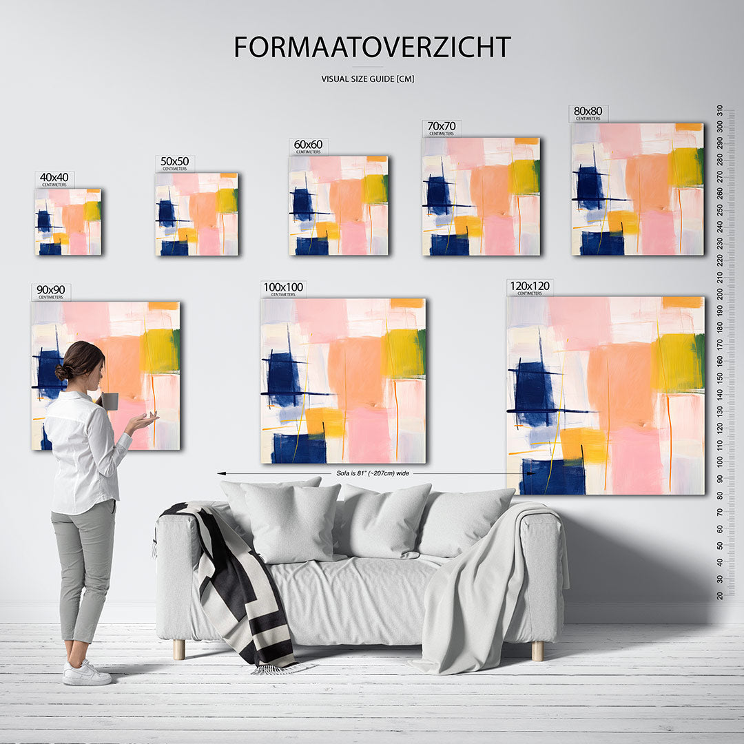 Kleurrijke vlakken kunstwerk – sfeerbeeld – dit werk toont een compositie van overlappende rechthoeken en lijnen in zachte en