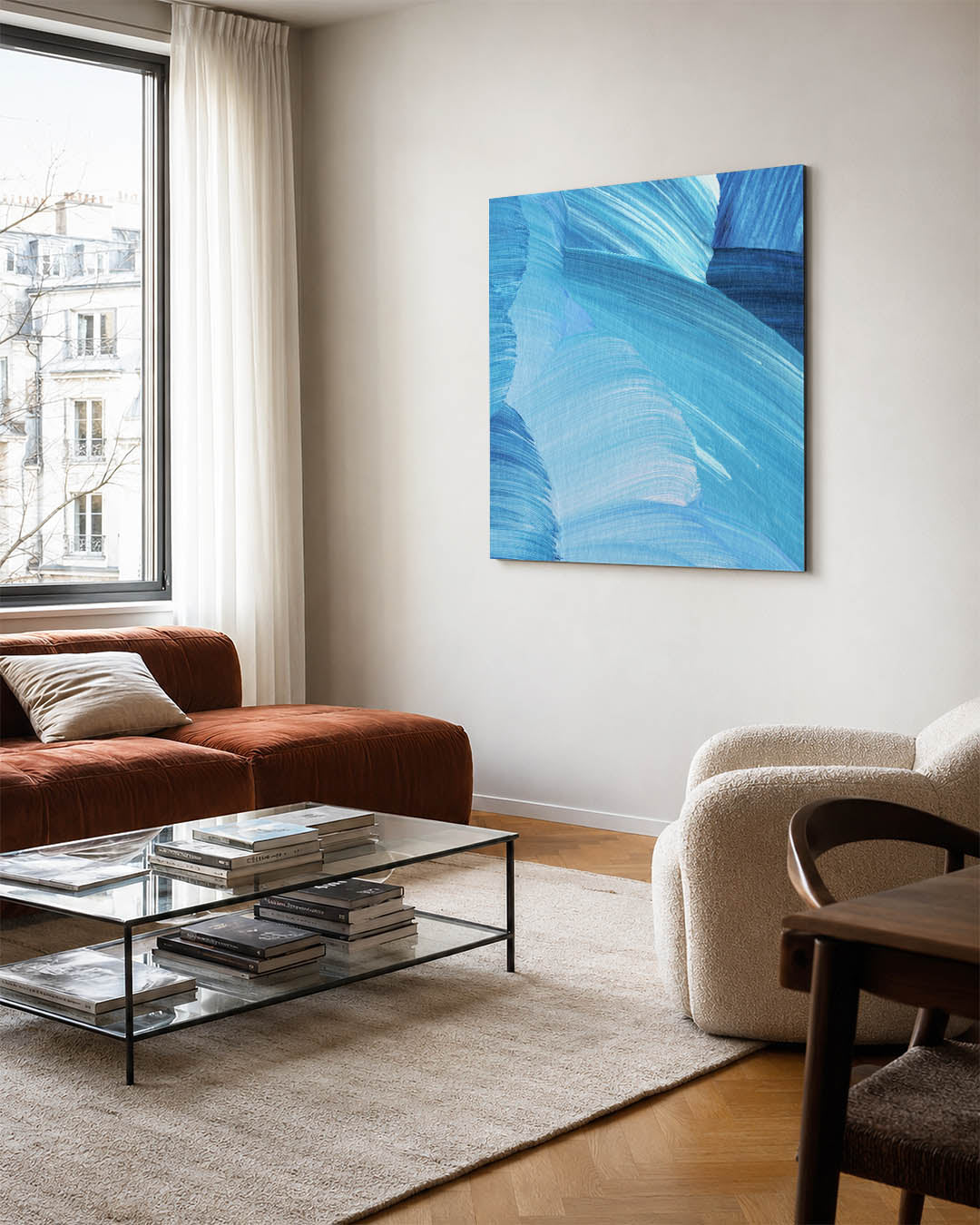 Dynamische blauwe strokes kunstwerk – vierkante wanddecoratie – dit kunstwerk toont vloeiende penseelstreken in verschillende