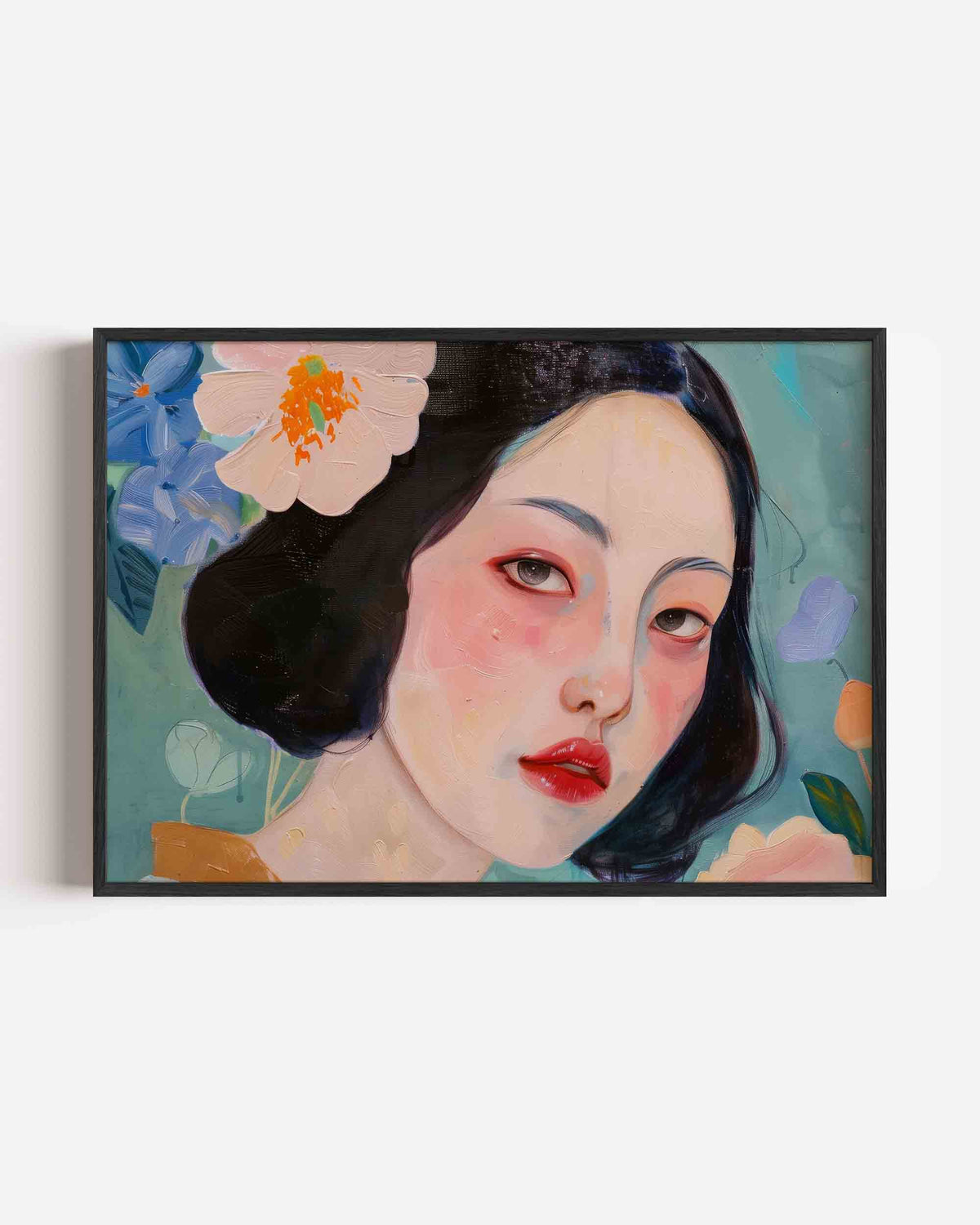 Vrouwelijk portret met bloemen – hedendaagse illustratie poster in landscape formaat