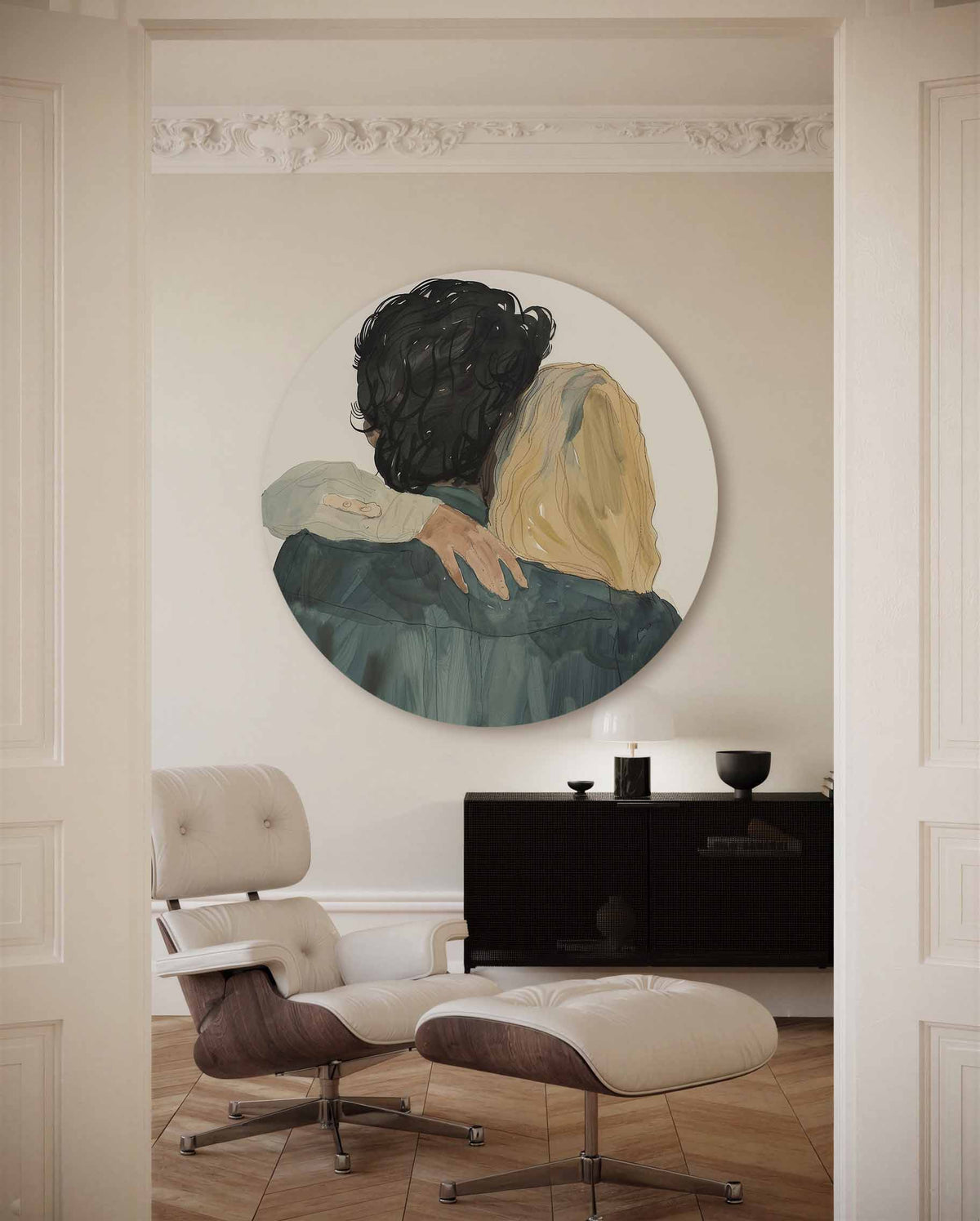 Omhelzing – muurcirkel met kleur en vormen voor aan de muur