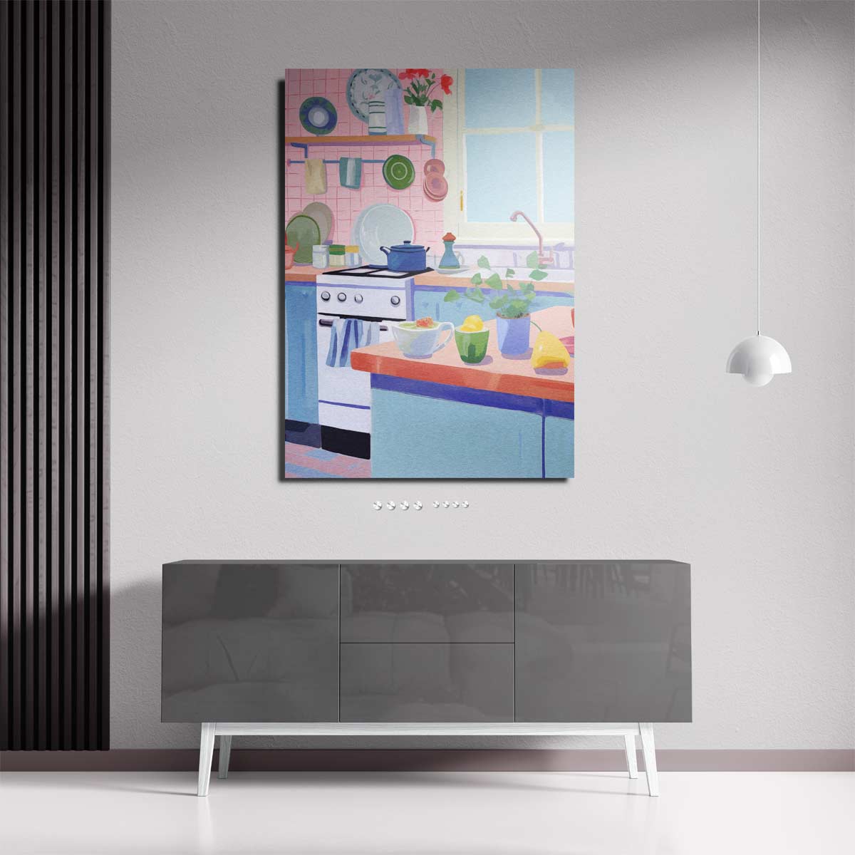 Kleurrijke Keukenidylle – staande wandkunst voor woonkamer of interieur