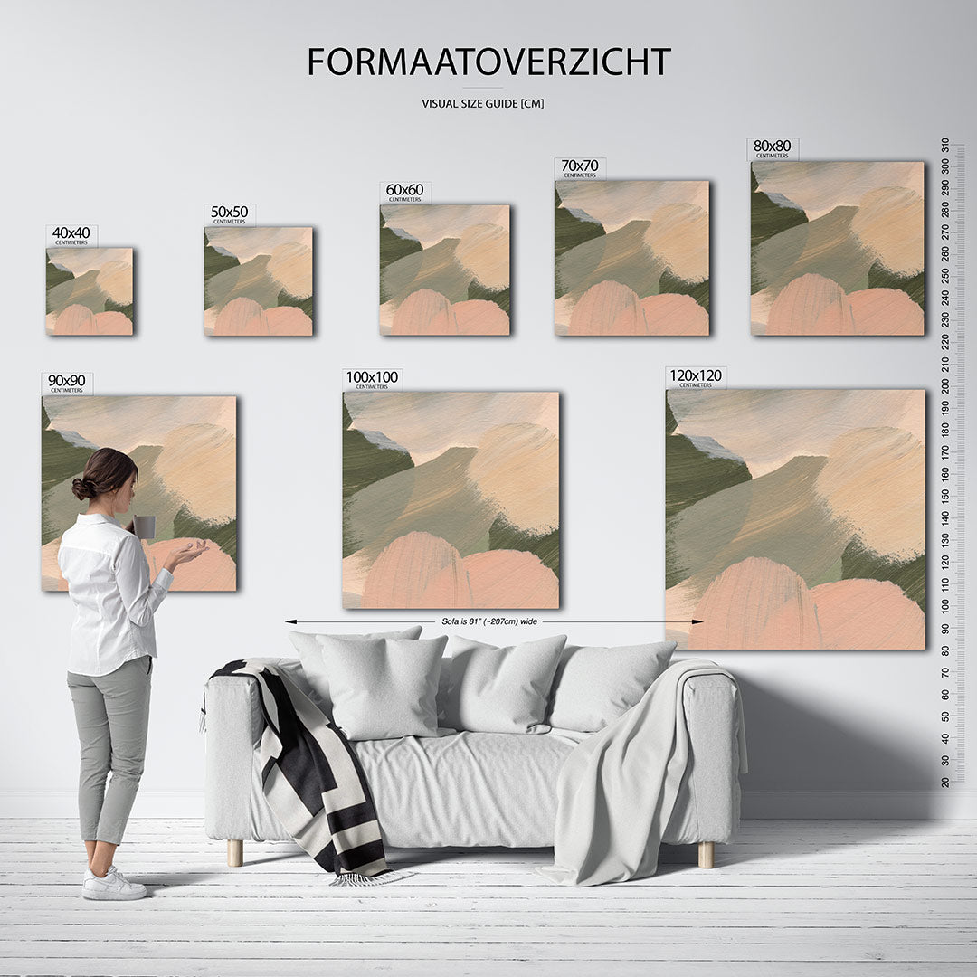 Zachte kleuren compositie kunstwerk – dit werk toont vloeiende penseelstreken in zachte tinten, met een harmonie van beige en