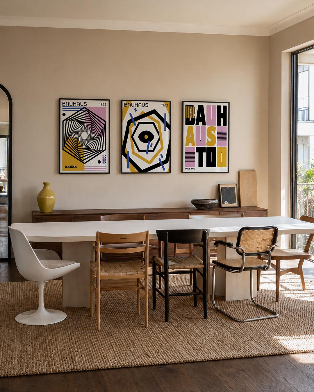 Vorm en kleurenspel posterset – tweede productweergave – deze posterset in drie delen toont een dynamisch lijnenspel met