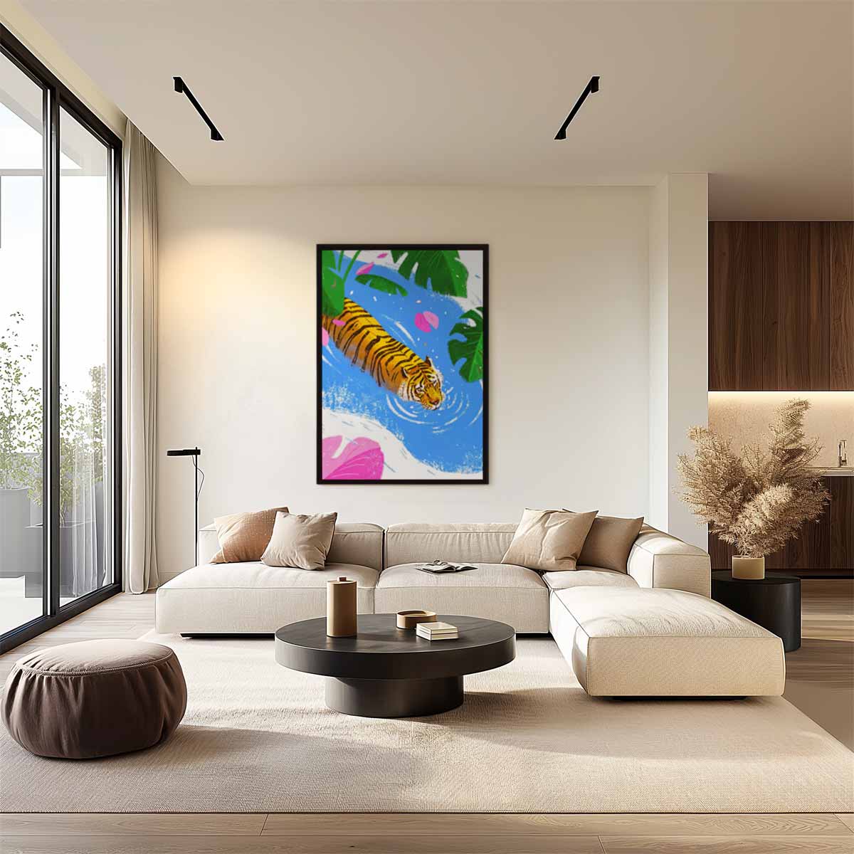 Zwemmende Tijger in Tropisch Water – staand kunstwerk voor modern interieur