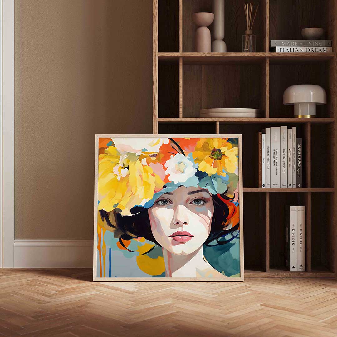 Vrouw met bloemen – portret poster in vierkant formaat