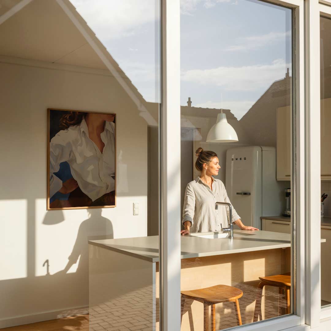 Elegante Vrouw in Witte Blouse – vrouwelijke portretposter in staand formaat
