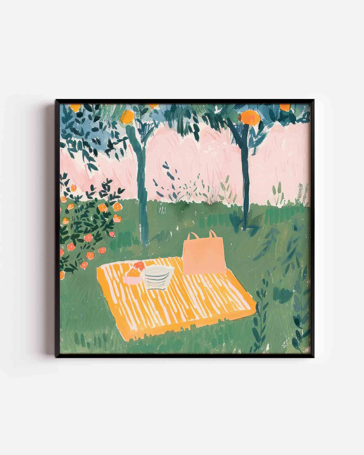 Picknick onder sinaasappelbomen – kleurrijke illustratie poster als wanddecoratie