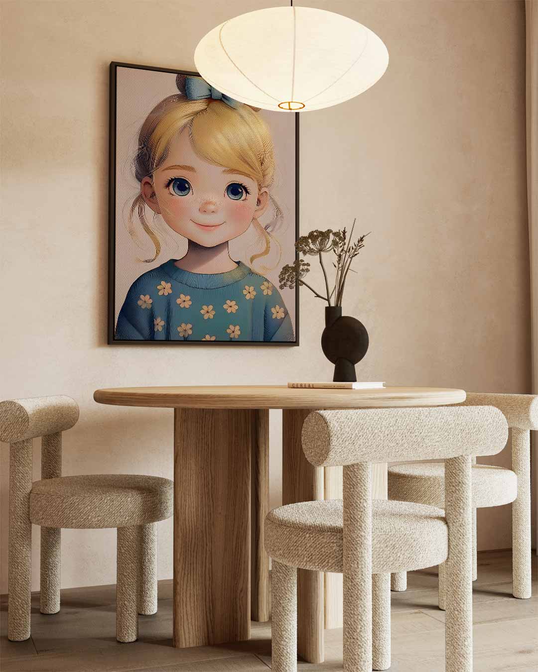 Blond meisje met bloementrui – dibond wanddecoratie in staand formaat