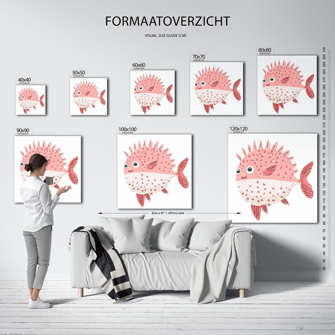 Speelse vis illustratie kunstwerk – sfeerbeeld – dit kunstwerk toont een speelse vis met ronde vormen en zachte kleuren. De