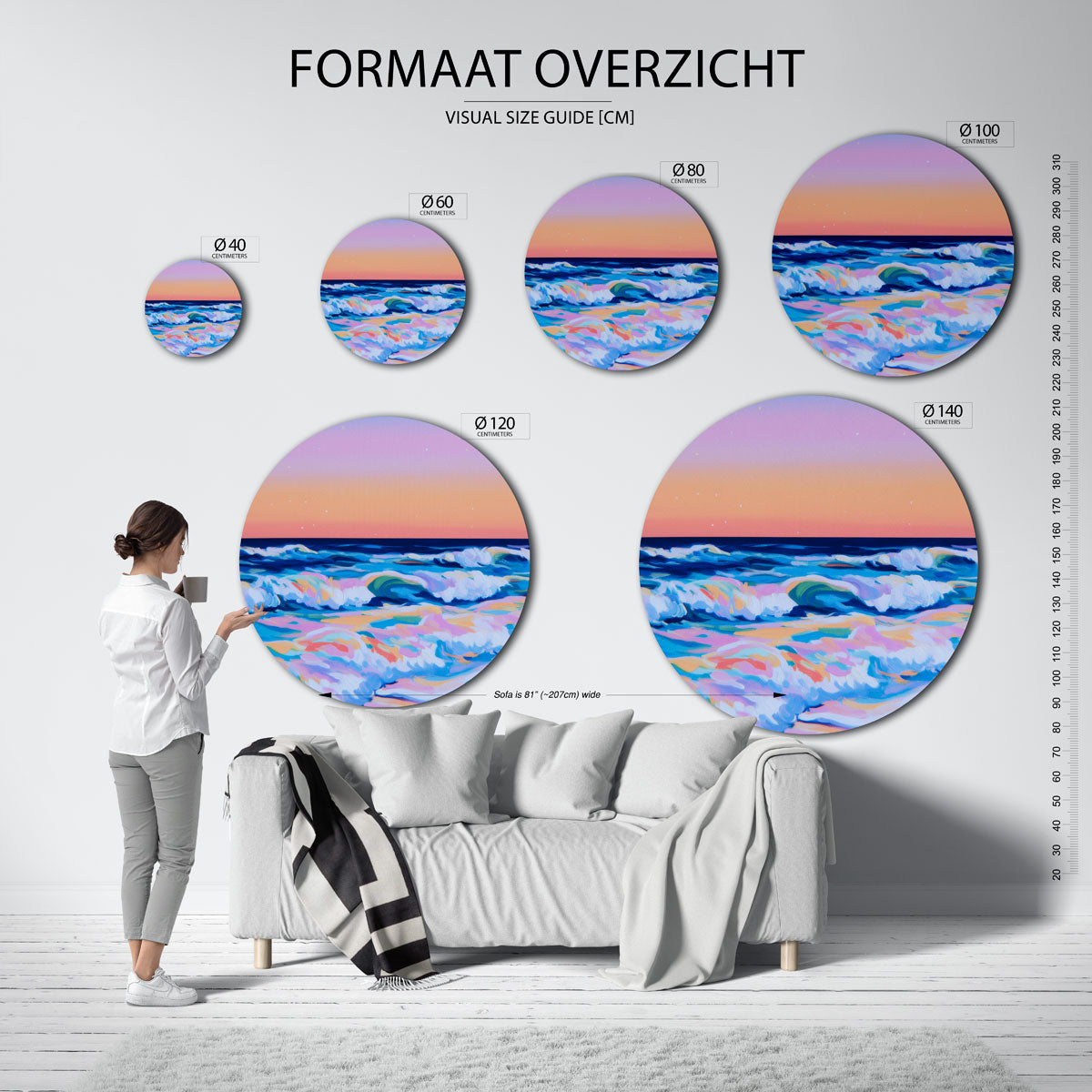 Golvende zee – geïllustreerde wandkunst als moderne muurcirkel