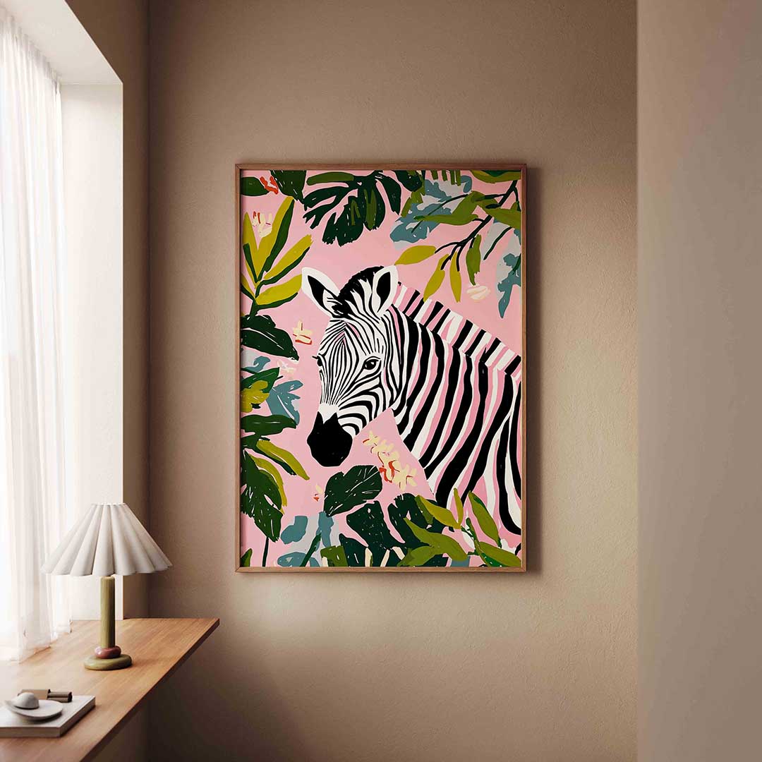 Zebra en bladeren – staande dieren wanddecoratie van WallArtistic
