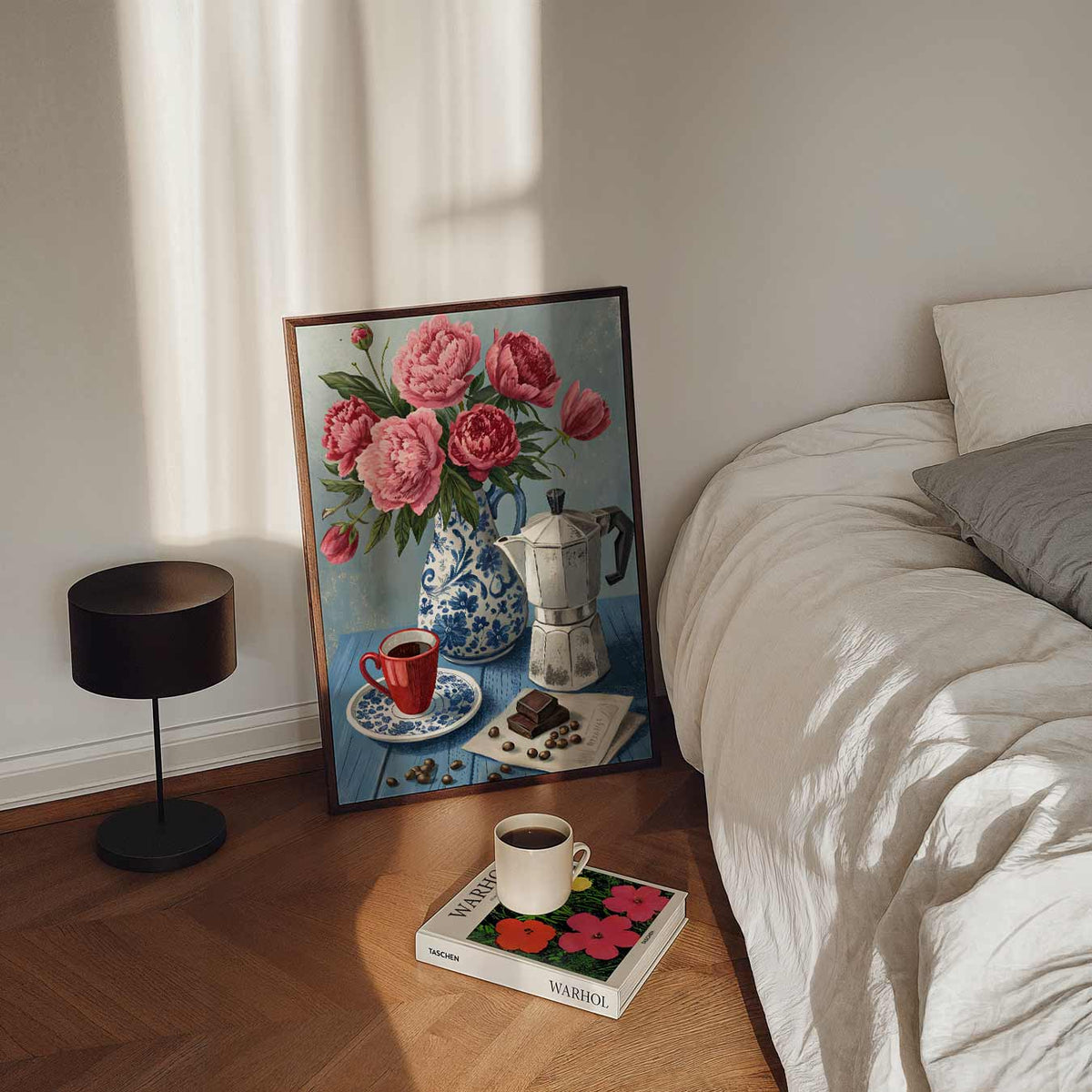 Bloemen en Koffie Stilleven – staande bloemen wanddecoratie van WallArtistic