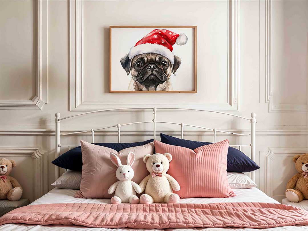 Mopshond met kerstmuts – kids poster in liggend formaat