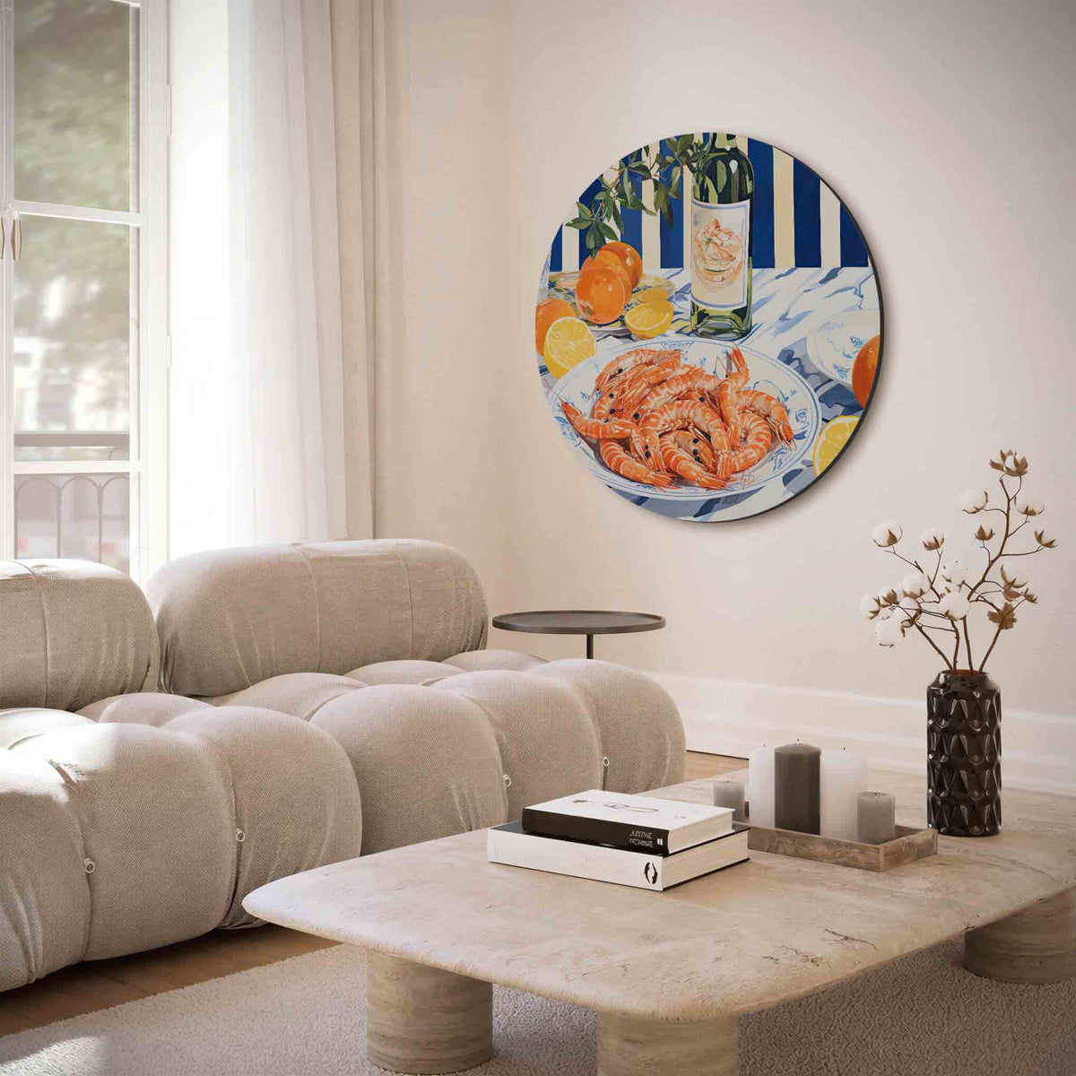 Garnalen en citrus – muurcirkel met abstracte texturen voor aan de muur