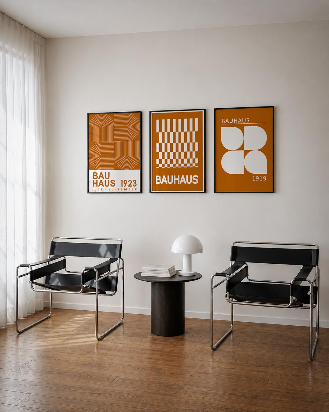 Lijnen en vormen driedelige posterset – deze posterset in drie delen toont een spel van gebogen en rechte lijnen in warme