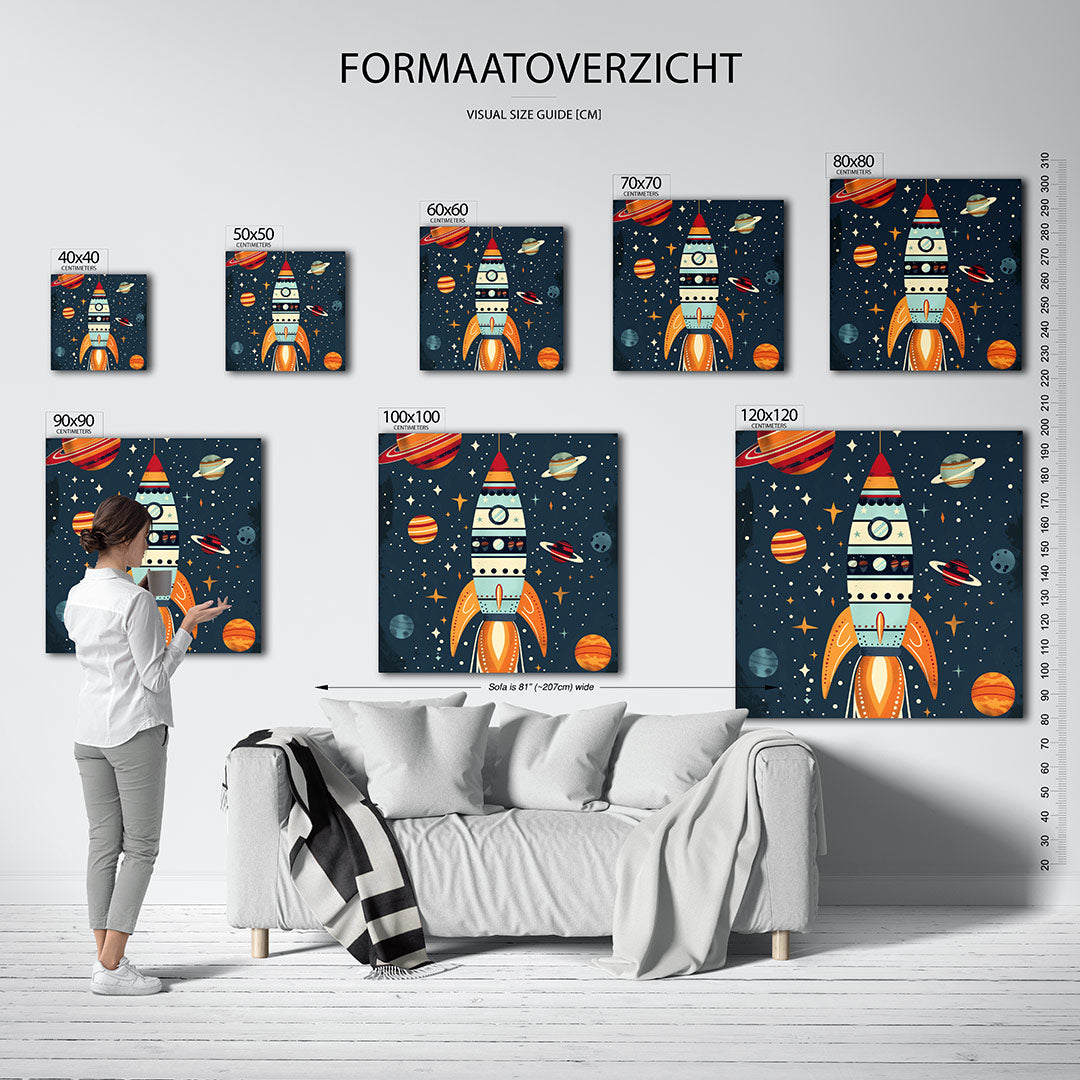 Ruimtevaart kunstwerk – sfeerbeeld – dit werk toont een kleurrijke raket omringd door planeten en sterren. De levendige