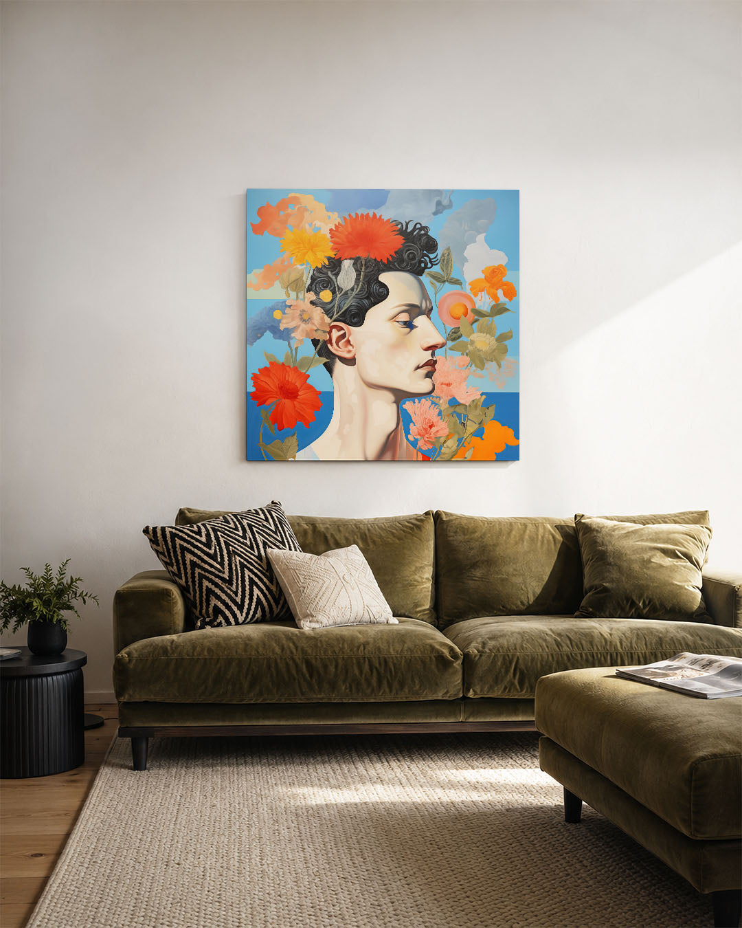 Bloemrijke portret kunstwerk – derde productweergave – dit kunstwerk toont een zijaanzicht van een gezicht omringd door