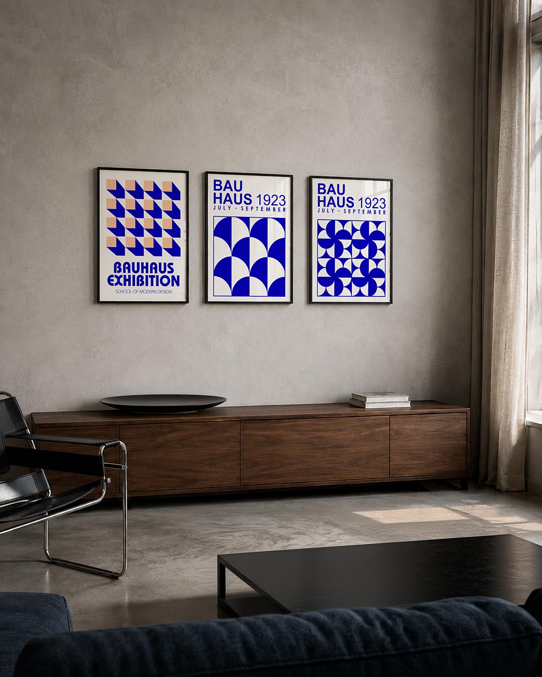Vorm en schaduw posterset – tweede productweergave – deze posterset in drie delen toont een ritmisch patroon van perzik